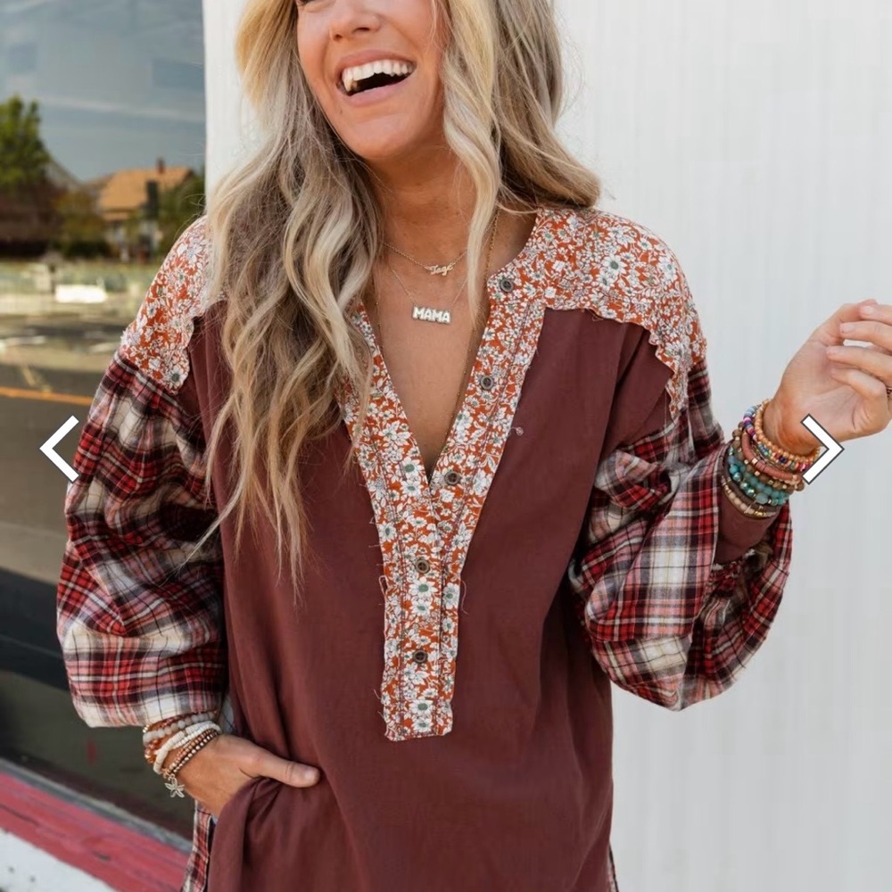 Rust Floral-Trim Mixed-Print Blouse